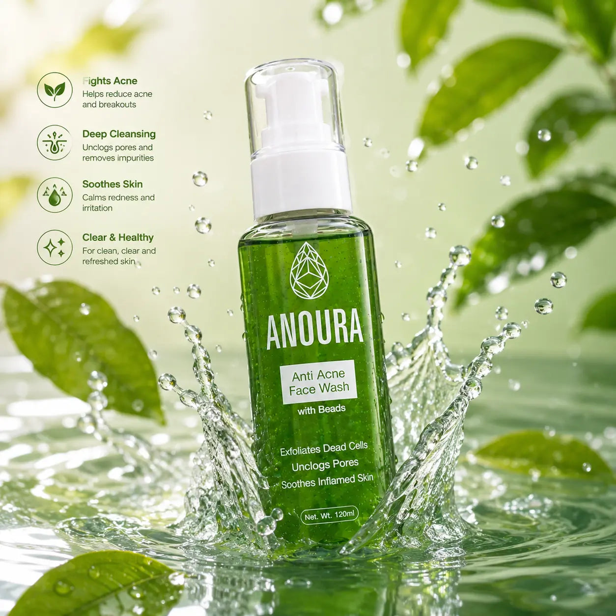 Anoura Anti Acne Face Wash with Beads | Deep Cleansing & Oil Control Face Cleanser (120ml)