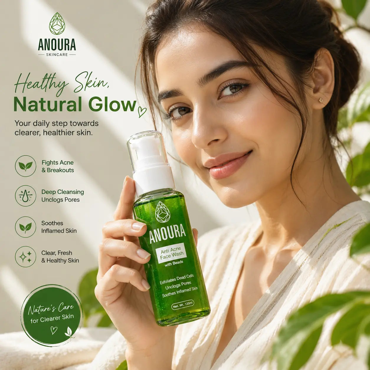 Anoura Anti Acne Face Wash with Beads | Deep Cleansing & Oil Control Face Cleanser (120ml)