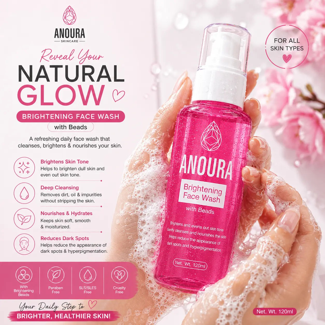 Anoura Brightening Face Wash with Beads | Vitamin Glow & Deep Cleansing (120 ML)