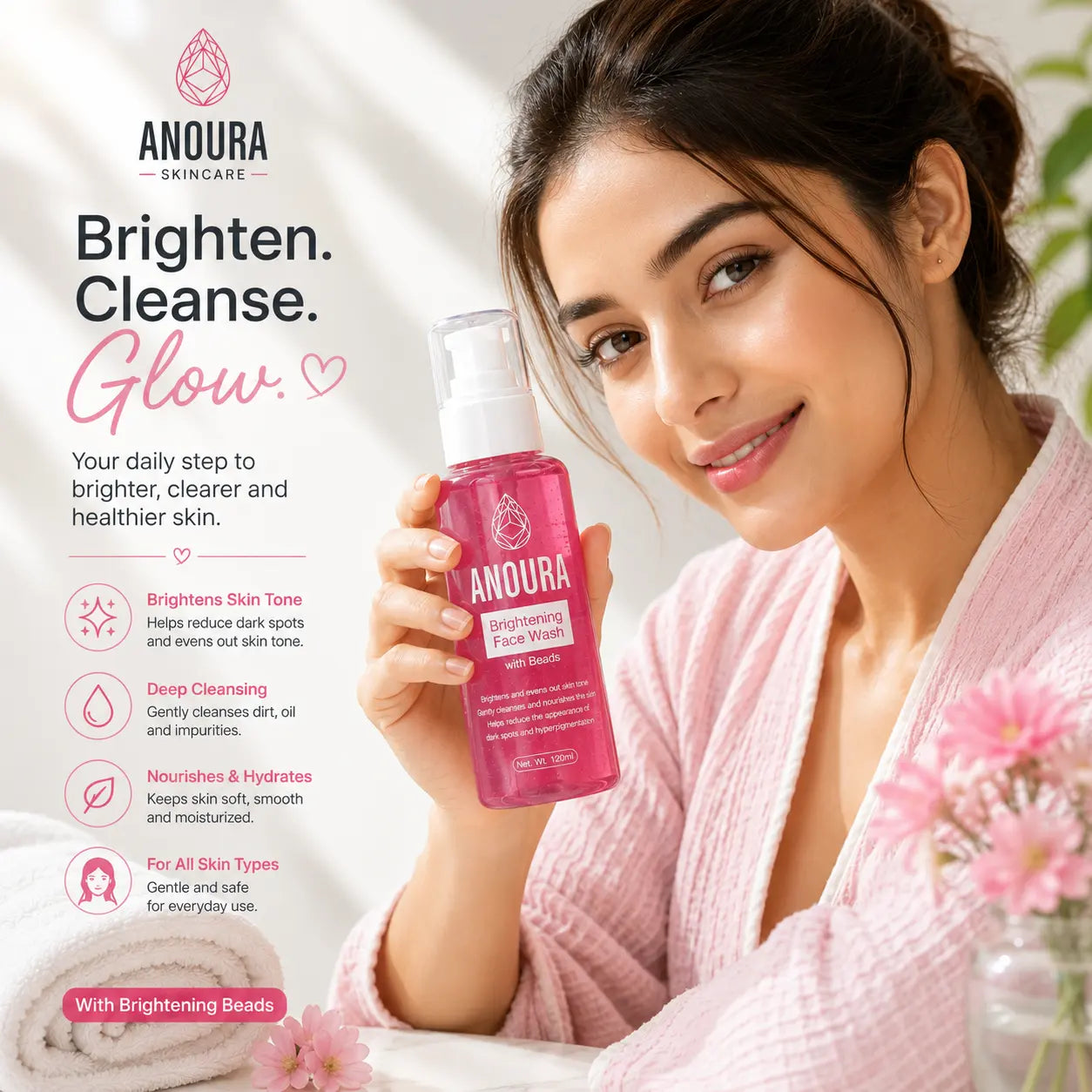 Anoura Brightening Face Wash with Beads | Vitamin Glow & Deep Cleansing (120 ML)